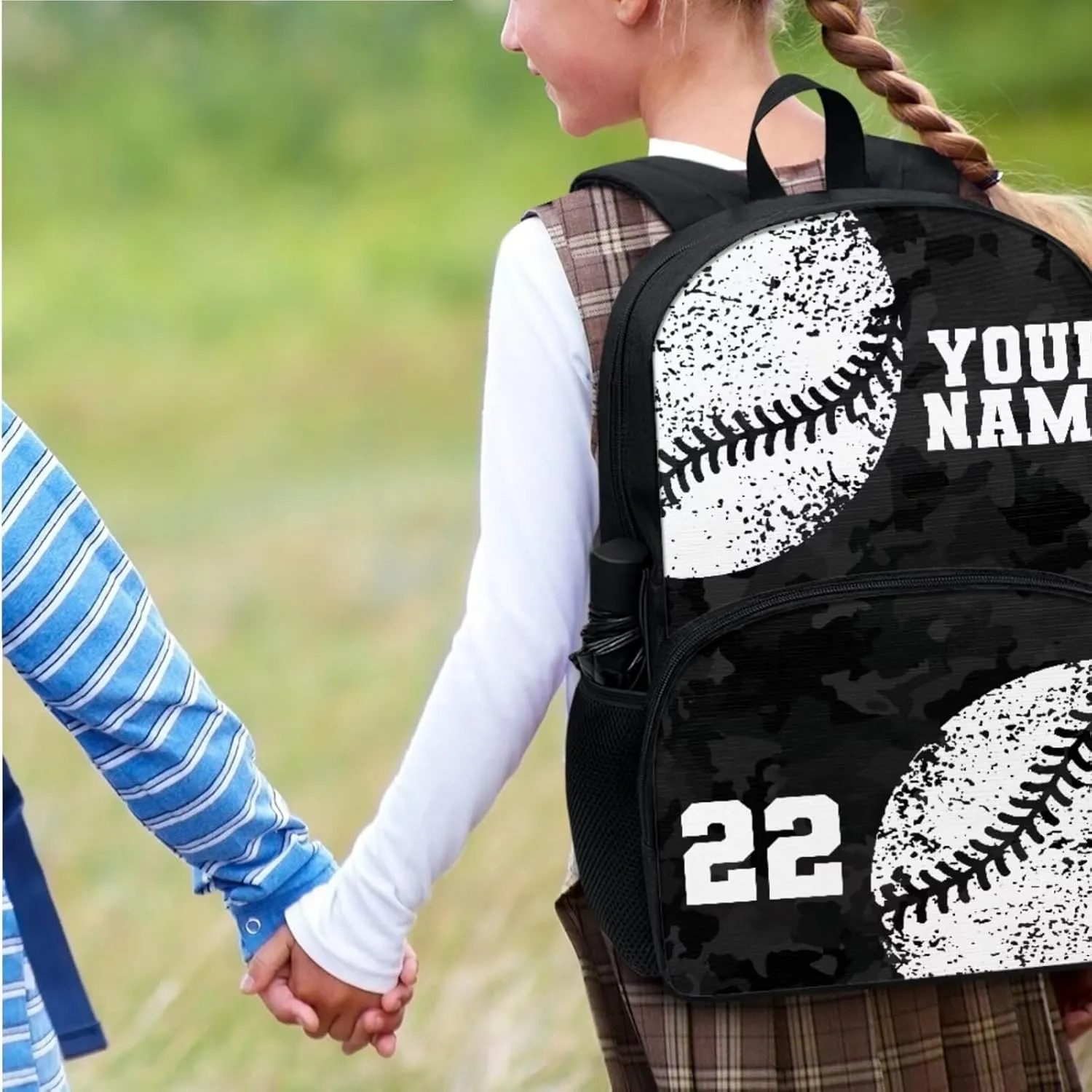 Suobstales Custom Baseball Print 3 Pack Backpack Purse for Girls Boys Black Camo Design Casual Schoolbag School Bookbag with Lunch Box Pencil Case Kindergarten Rucksack Daypack Travel Laotop Bags
