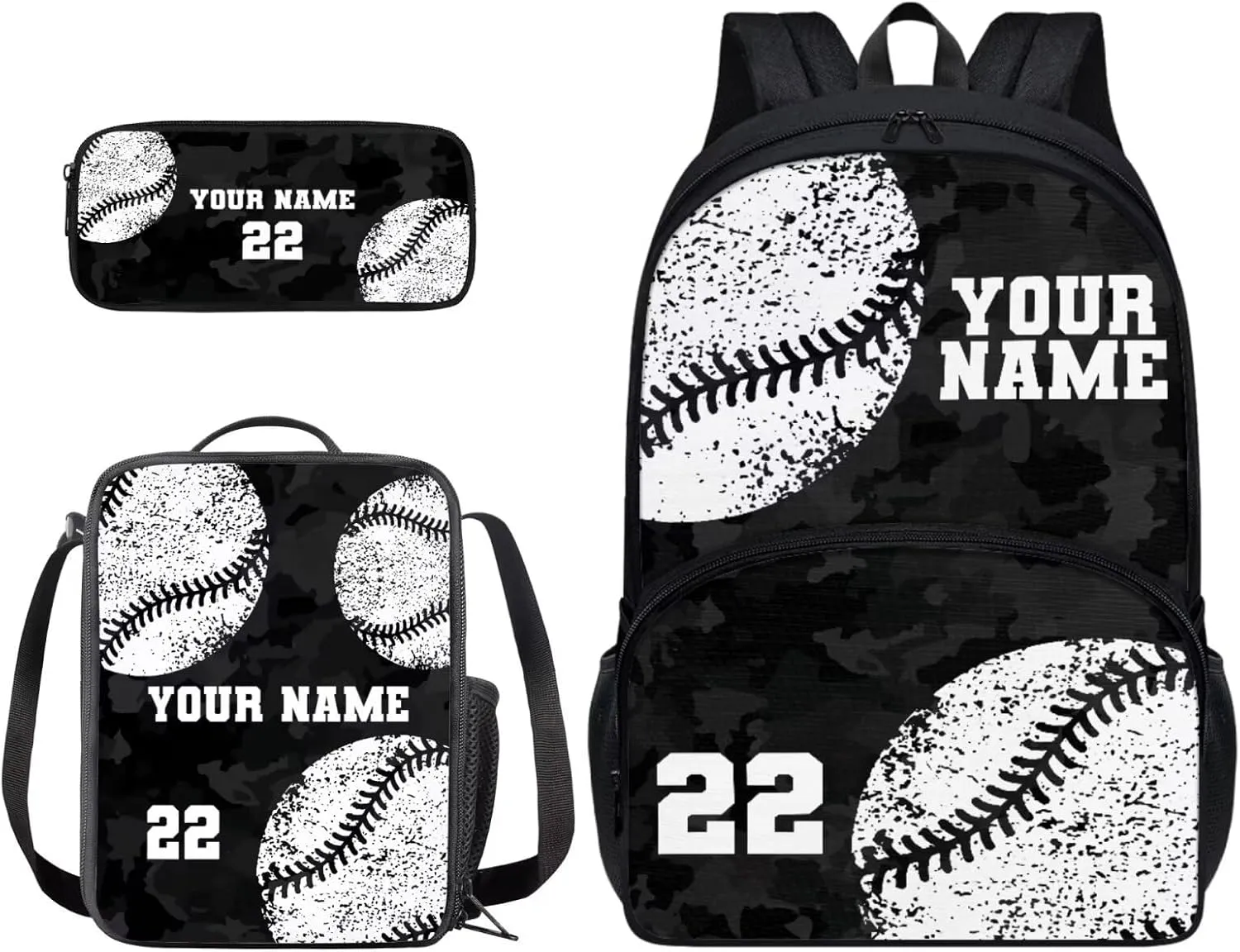 Suobstales Custom Baseball Print 3 Pack Backpack Purse for Girls Boys Black Camo Design Casual Schoolbag School Bookbag with Lunch Box Pencil Case Kindergarten Rucksack Daypack Travel Laotop Bags