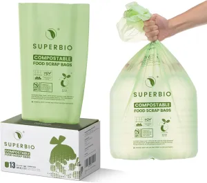SUPERBIO 13 Gallon Compostable Kitchen Waste Bags, 50 Count, 1 Pack, Flat top Food Scrap bags, Certified by BPI and OK compost INDUSTRIAL, 49.2L, 0.87 Mil