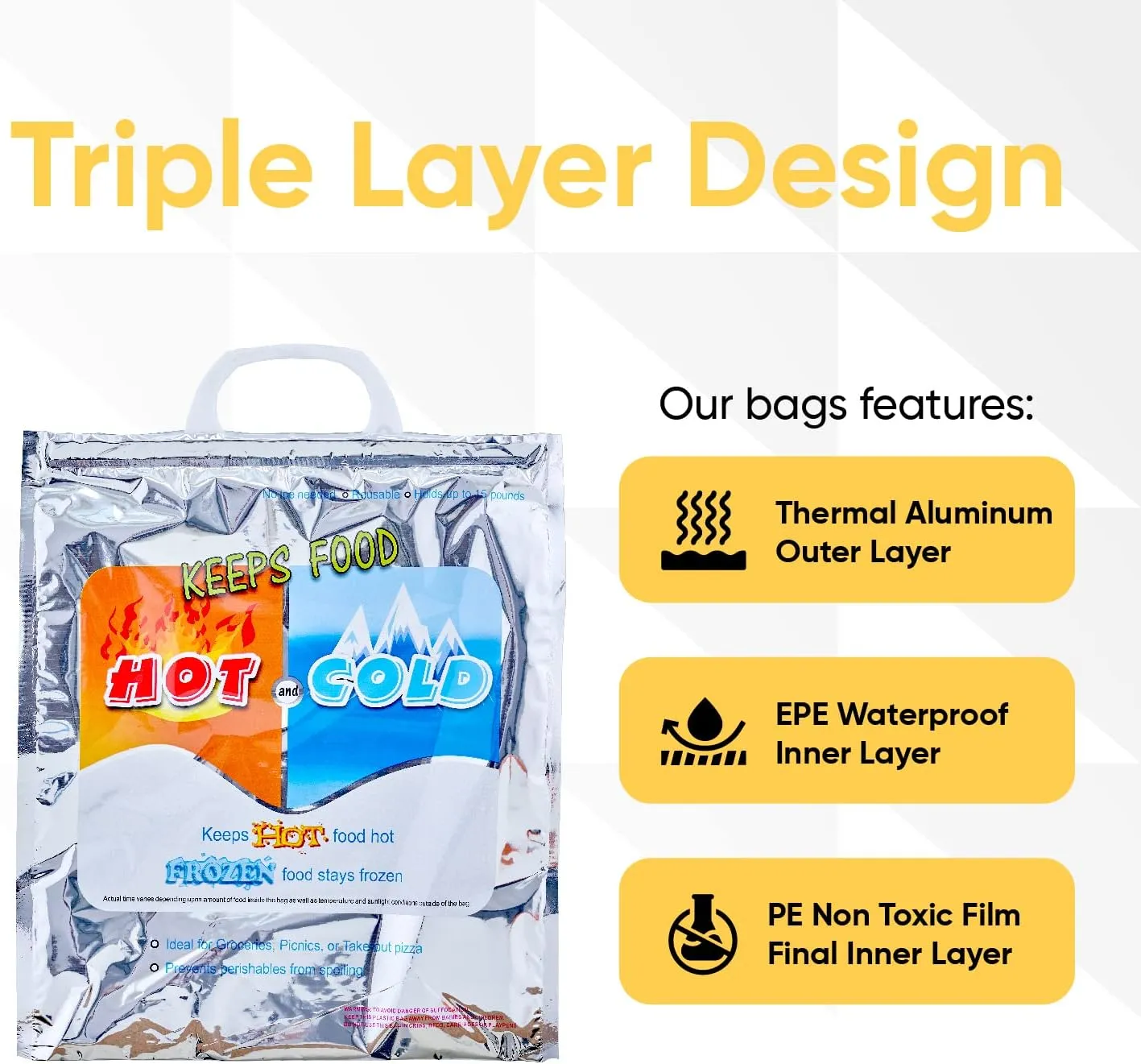 Superio Hot and Cold Insulated Bags for Food Delivery, Grocery Shopping Bags, Food Storage for Hot and Frozen Food for Travel, Disposable Cooler Bag, Reinforced Thermal Lunch Bag (10, 16"x5.5"x19")