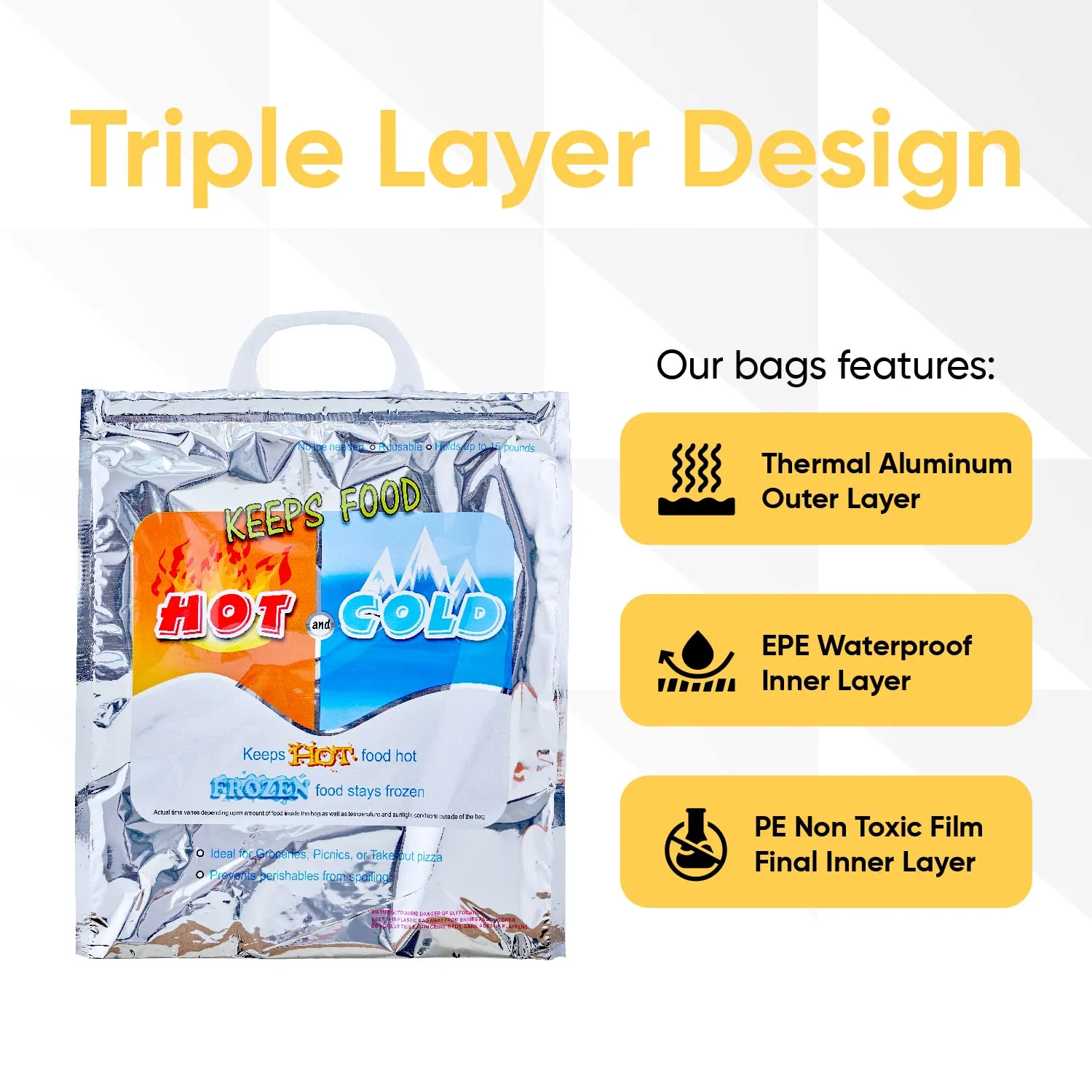 Superio Hot and Cold Insulated Bags for Food Delivery, Grocery Shopping Bags, Food Storage for Hot and Frozen Food for Travel, Disposable Cooler Bag, Reinforced Thermal Lunch Bag (6, 12"x13.5")