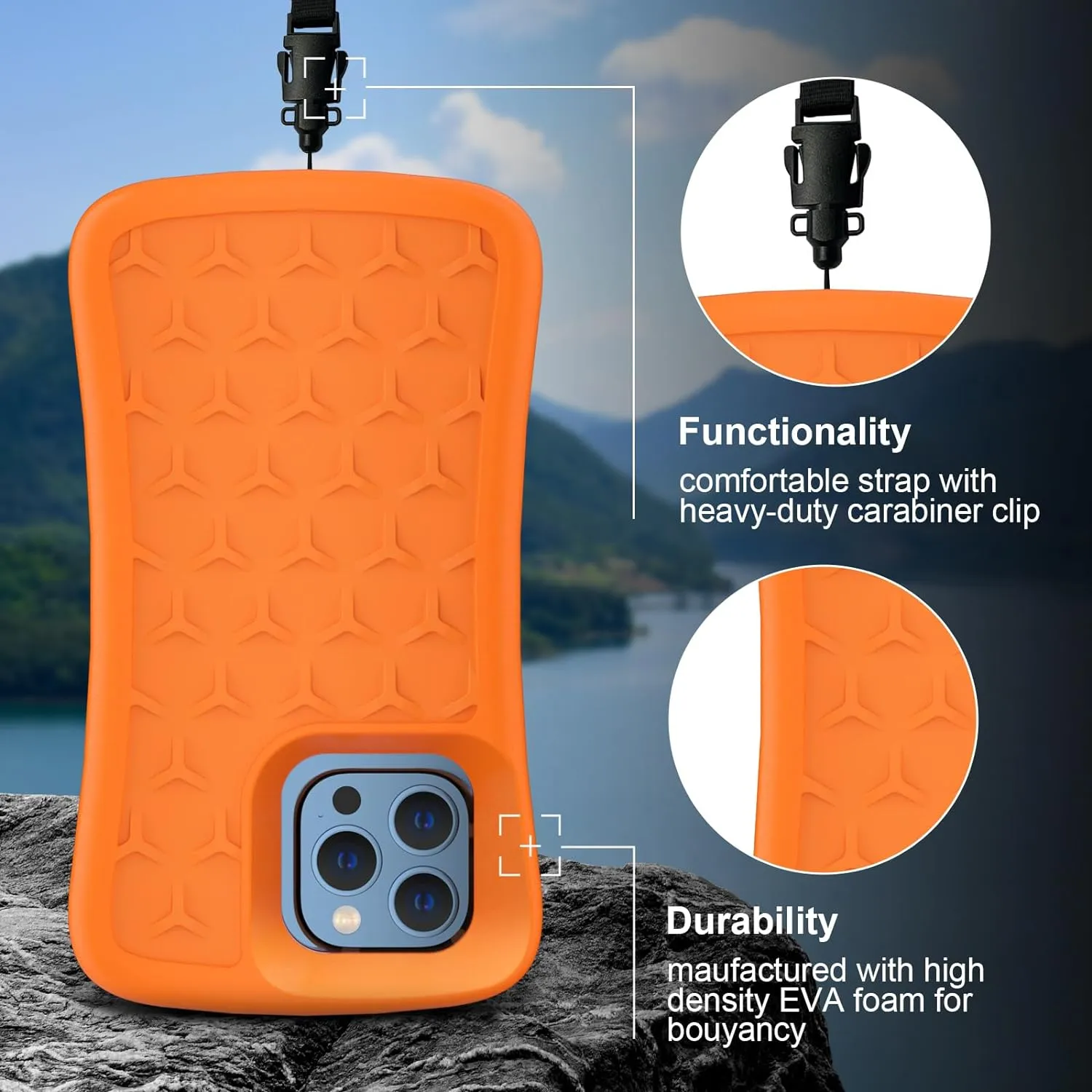 SUPFINE Floating Phone Case for iPhone 15/15 Pro/14/14 Pro/13/13 Pro/12/12 Pro EVA Foam Material Case with Waterproof Dry Bags and Lanyard,20FT Powerful Drop Protective Case 6.1 inch (Orange)