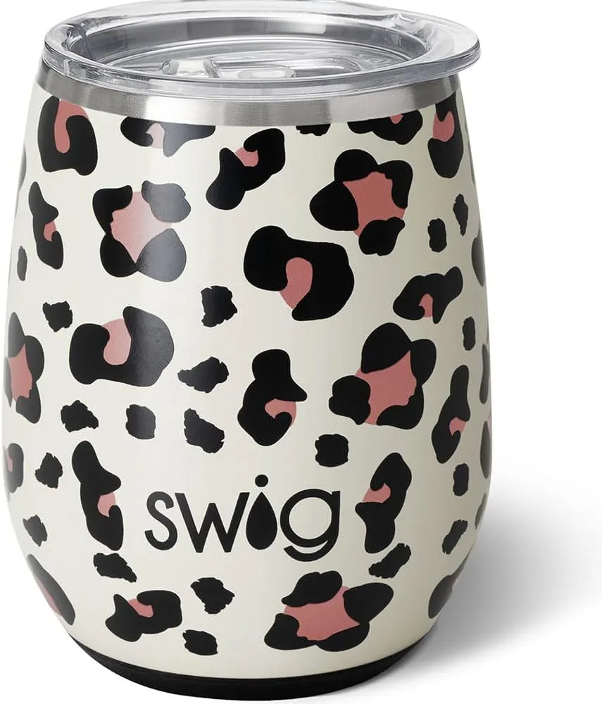 Swig Life 14oz Stemless Wine Cup, Insulated Wine Tumbler with Lid, Stainless Steel Travel Tumbler (Luxy Leopard)