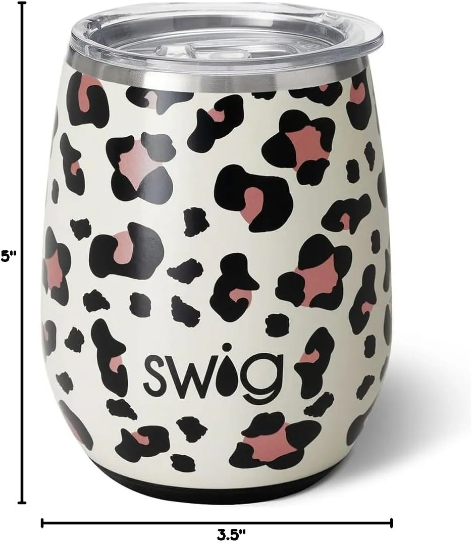 Swig Life 14oz Stemless Wine Cup, Insulated Wine Tumbler with Lid, Stainless Steel Travel Tumbler (Luxy Leopard)