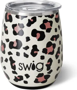 Swig Life 14oz Stemless Wine Cup, Insulated Wine Tumbler with Lid, Stainless Steel Travel Tumbler (Luxy Leopard)