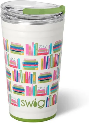 Swig Life 24oz Party Cup, Stackable Insulated Travel Coffee Tumbler with EZ Slider Lid, Cup Holder Friendly Travel Thermos, Stainless Steel 24 oz Tumbler, Reusable Coffee Mug (Book Club)