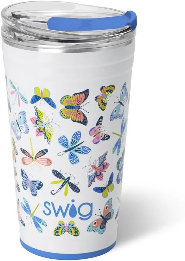 Swig Life 24oz Party Cup, Stackable Insulated Travel Coffee Tumbler with EZ Slider Lid, Cup Holder Friendly Travel Thermos, Stainless Steel 24 oz Tumbler, Reusable Coffee Mug (Butterfly Bliss)
