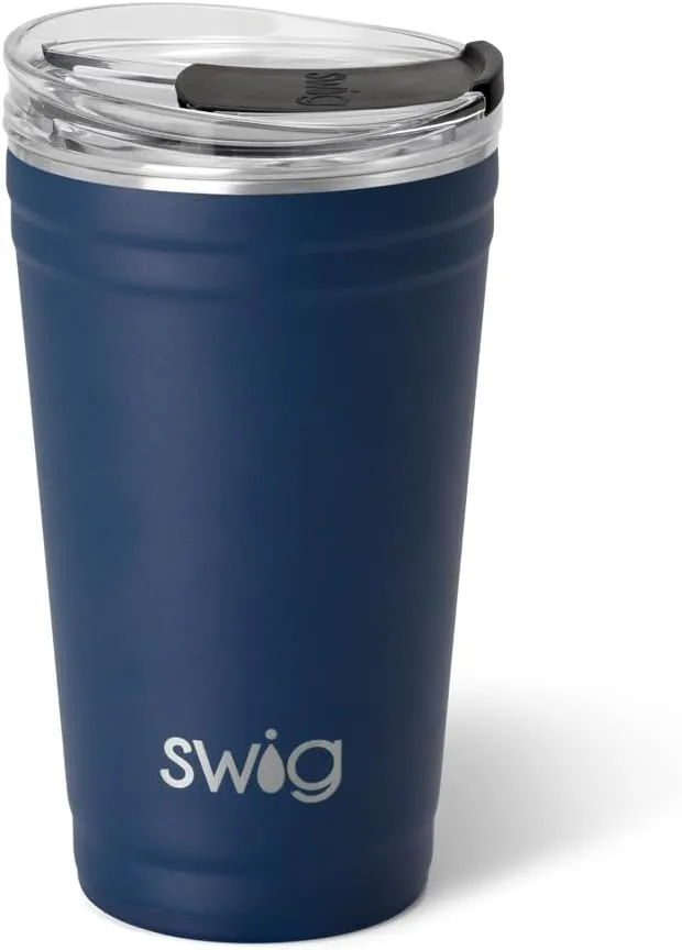 Swig Life 24oz Party Cup, Stackable Insulated Travel Coffee Tumbler with EZ Slider Lid, Cup Holder Friendly Travel Thermos, Stainless Steel 24 oz Tumbler, Reusable Coffee Mug (Navy)