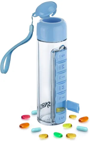 Synergy Water Bottle & Pill Organizer - Travel Storage Container for Water, Juice, Vitamins - Portable 7-Day Pillbox - for Outdoor, Gym, Travel - Easy Carry Strap - BPA Free Plastic - 400ml (Blue)