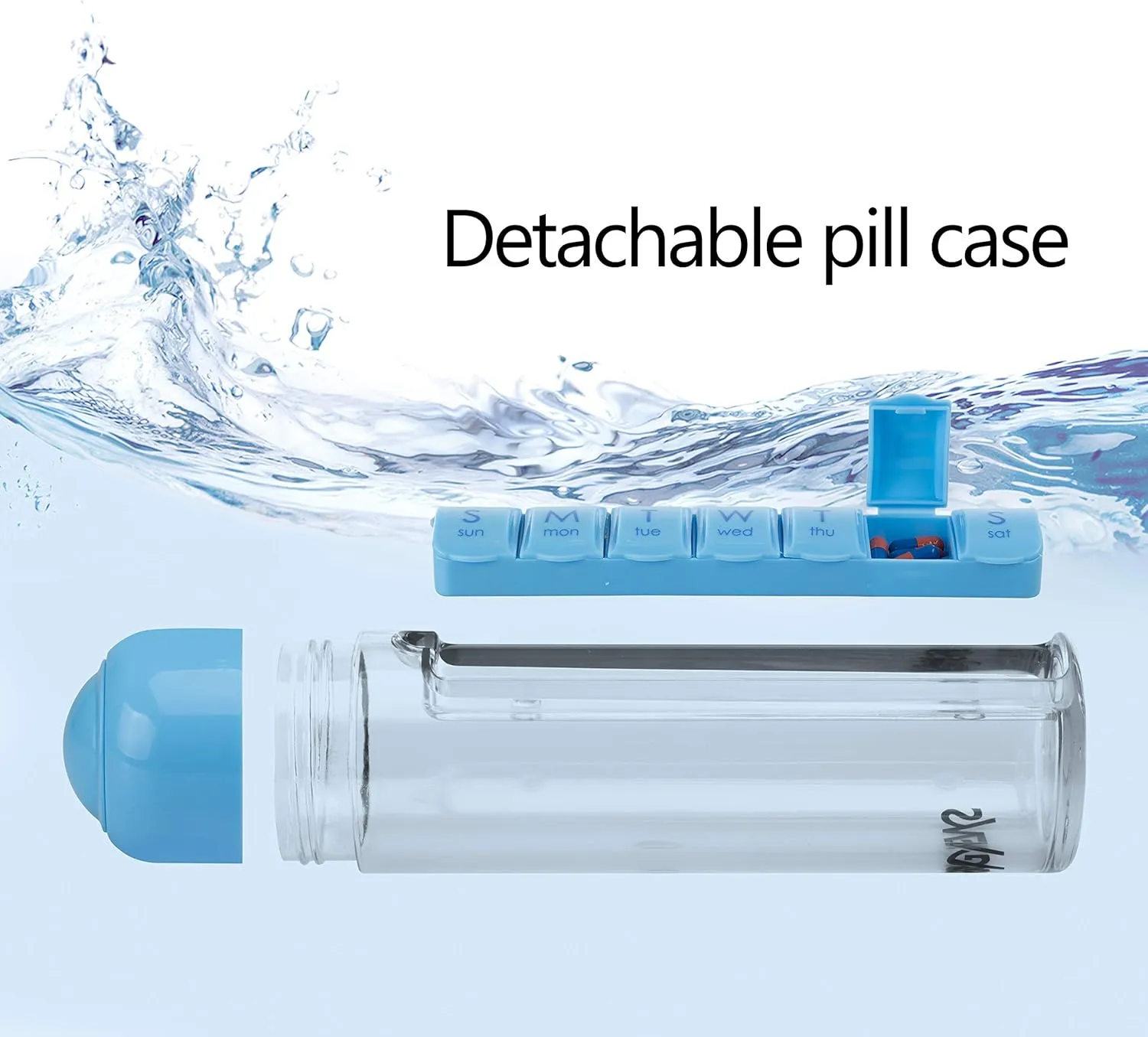 Synergy Water Bottle & Pill Organizer - Travel Storage Container for Water, Juice, Vitamins - Portable 7-Day Pillbox - for Outdoor, Gym, Travel - Easy Carry Strap - BPA Free Plastic - 400ml (Blue)