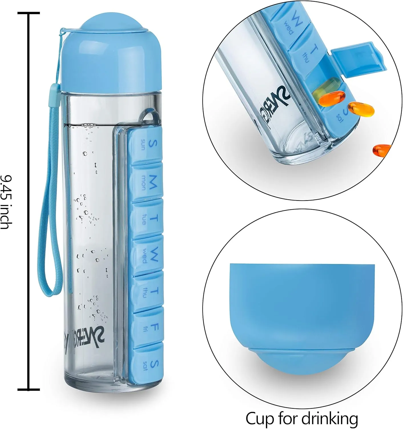 Synergy Water Bottle & Pill Organizer - Travel Storage Container for Water, Juice, Vitamins - Portable 7-Day Pillbox - for Outdoor, Gym, Travel - Easy Carry Strap - BPA Free Plastic - 400ml (Blue)