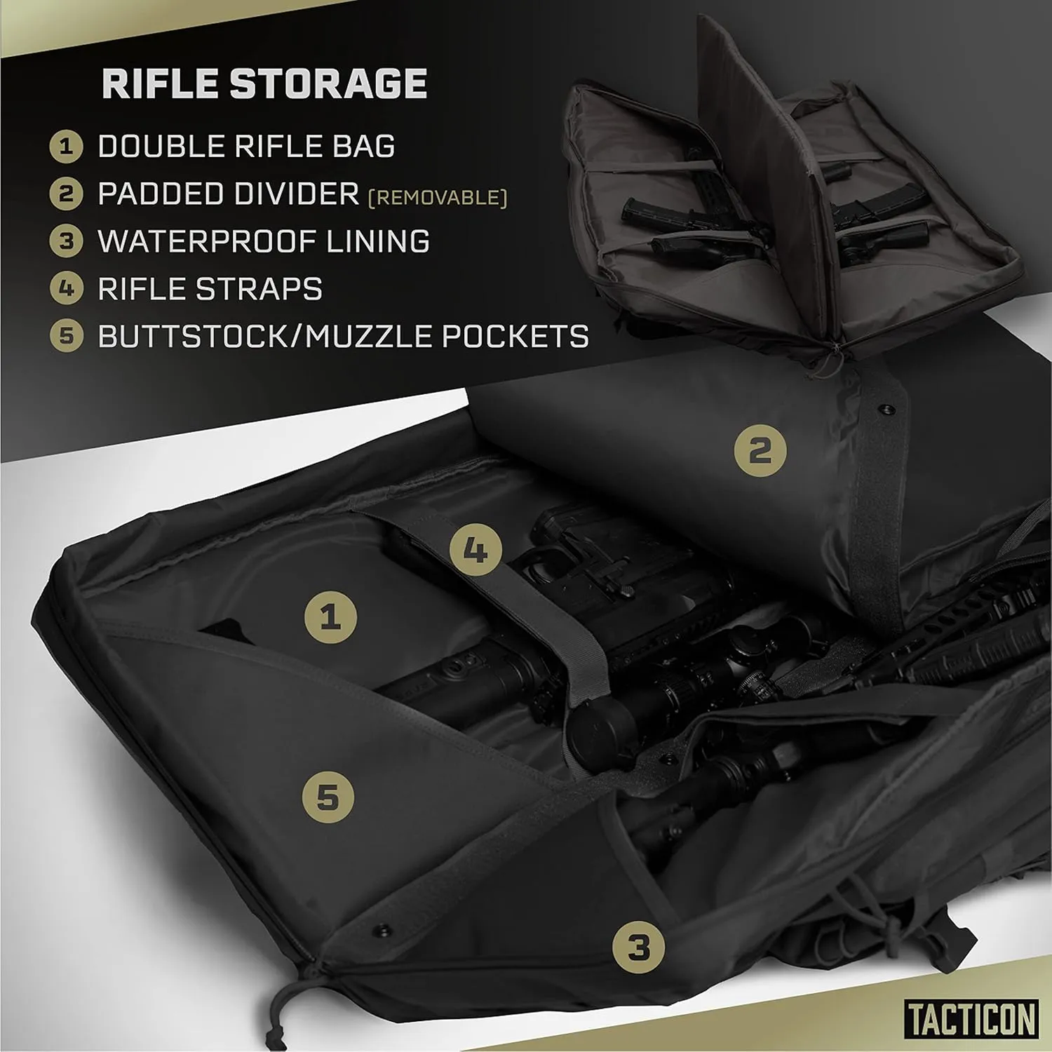 Tacticon Double Rifle Bag | 2 Hard Rifles   2 Pistols Tuckable Backpack Straps | Tactical Cases & Bags | Disabled Combat Veteran Owned Company | Waterproof Padded Carrying Case for Long Gun Storage