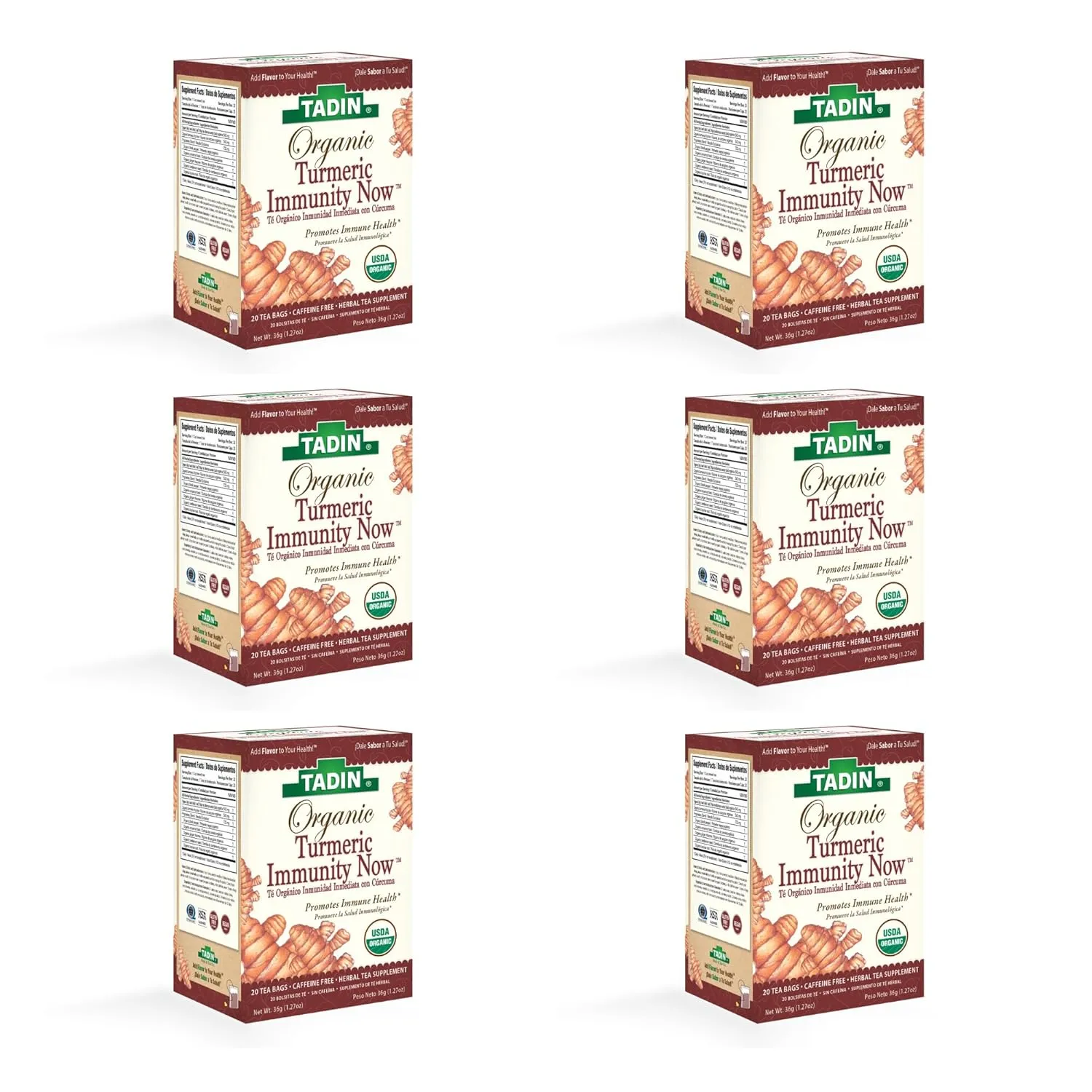 Tadin Organic Turmeric Immunity Tea, Herbal Tea, Caffeine Free Tea, Organic Tea for Immunity Support, Calming Tea, 20 Tea Bags Per Box, Pack of 6