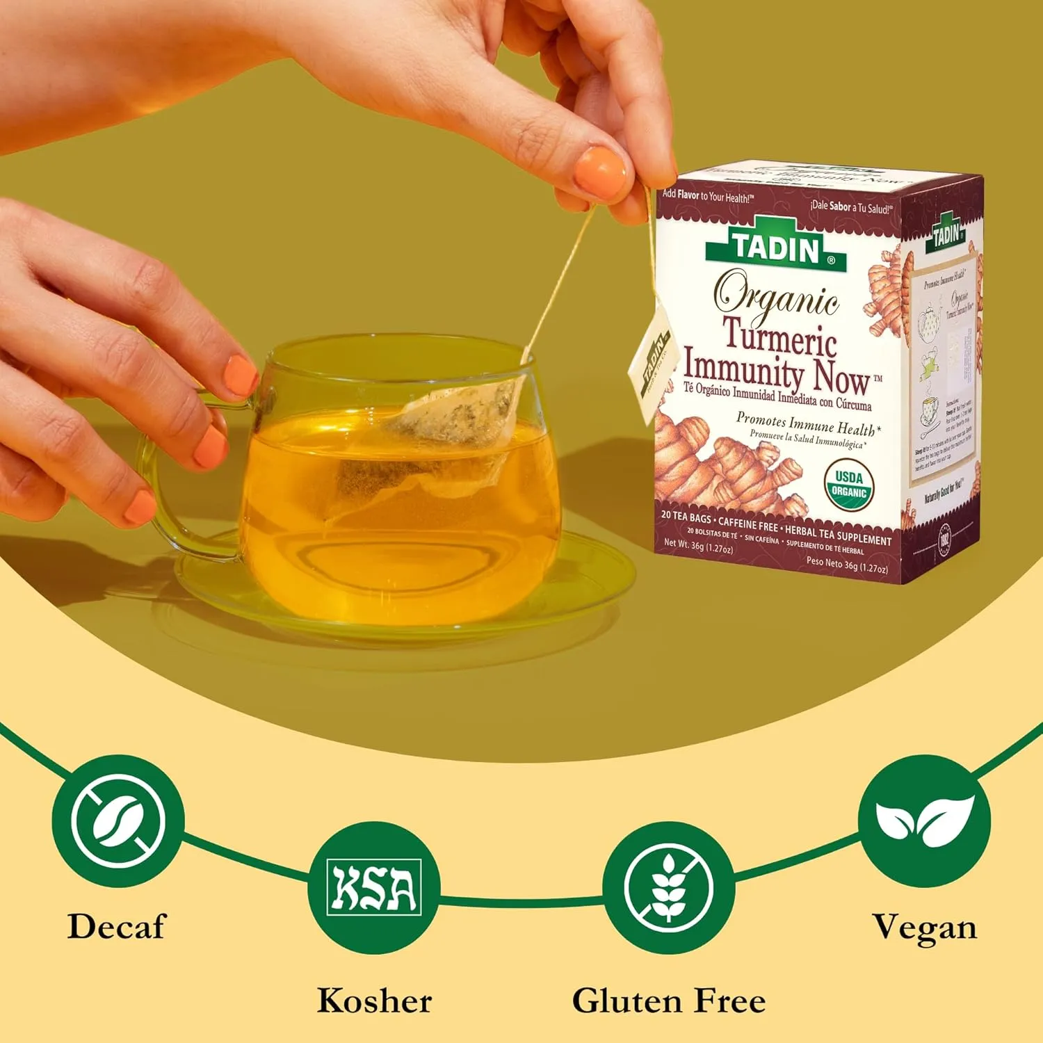 Tadin Organic Turmeric Immunity Tea, Herbal Tea, Caffeine Free Tea, Organic Tea for Immunity Support, Calming Tea, 20 Tea Bags Per Box, Pack of 6