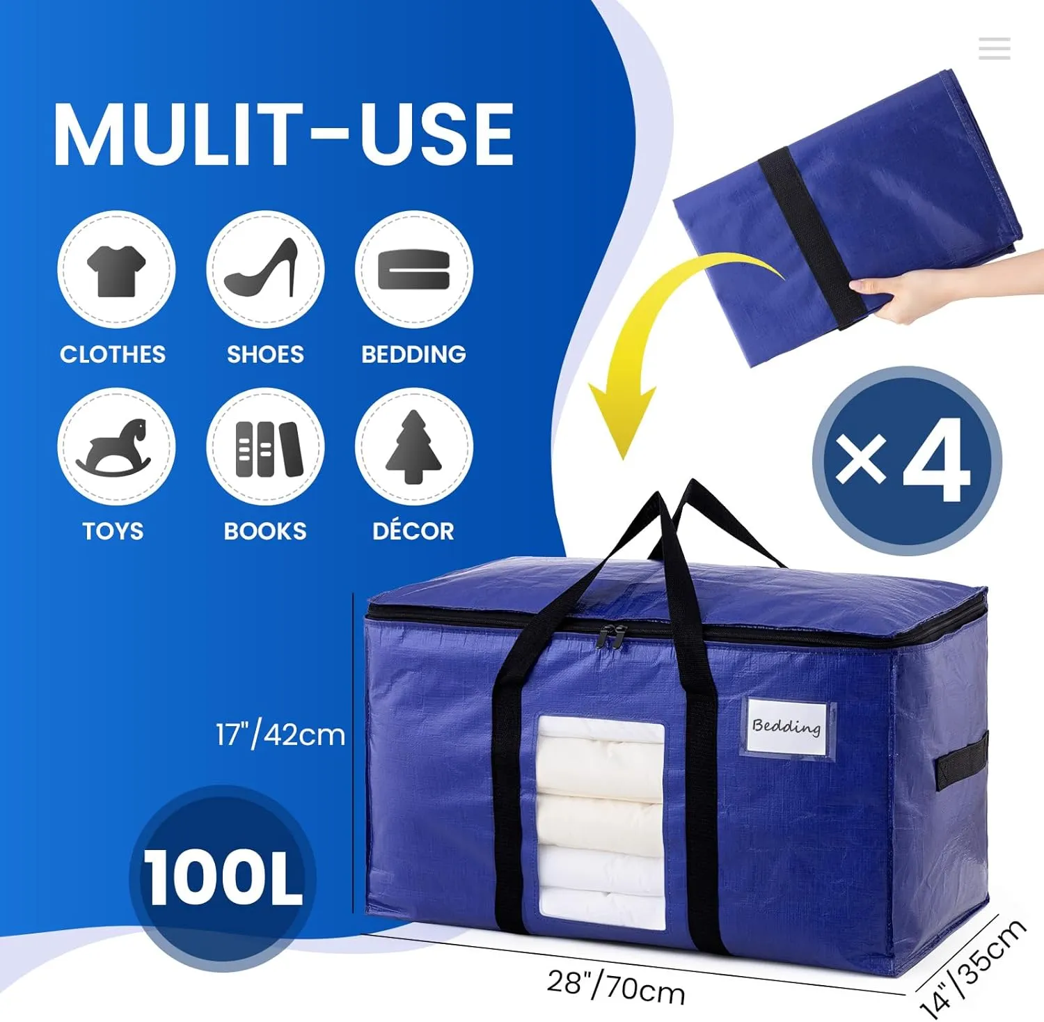 TAILI 4 Pack Dark Blue Extra Large Moving Bags, Heavy Duty Totes with Visible Window, Wrap Around Handles, Great for Storage