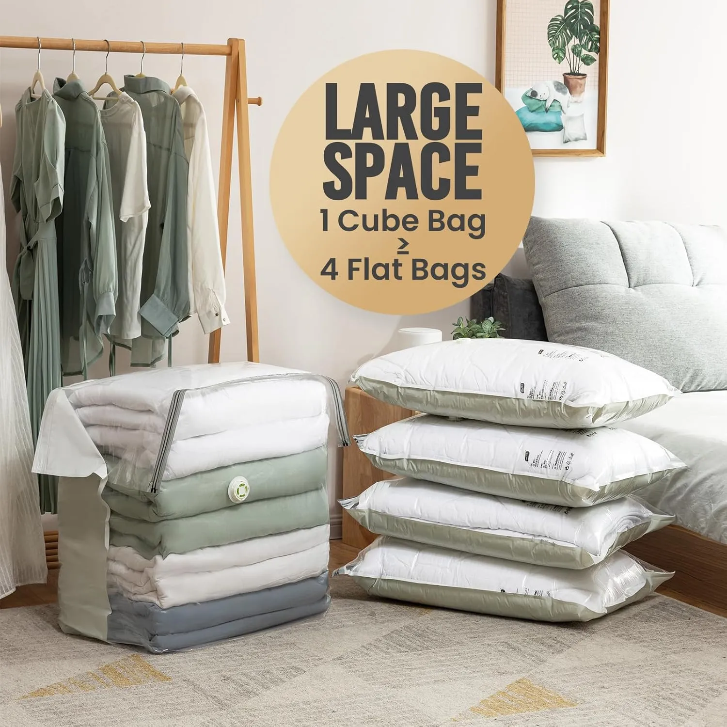 TAILI 6 Pack Vacuum Storage Bags, Extra Large Cube (40x28x18x18 Inch), Supe Jumbo Vacuum Seal Bags for Comforters, Blankets, Bedding, Sweater, Space Saving, Closet Storage, Cream