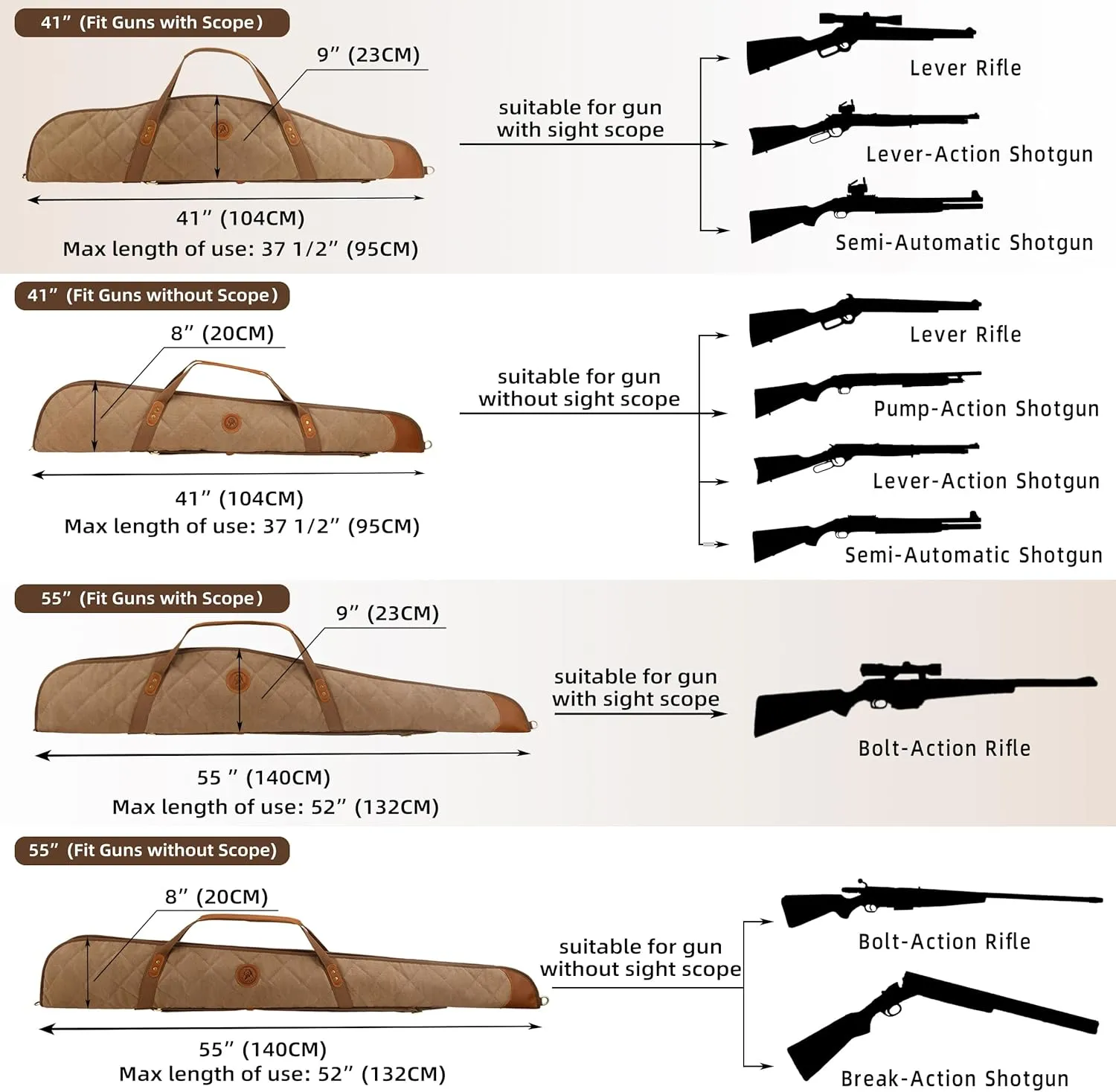 Tas Trost Scoped Rifle Soft Case 41“& 55” Long Gun Bag, Canvas Leather Shotgun Case Protector