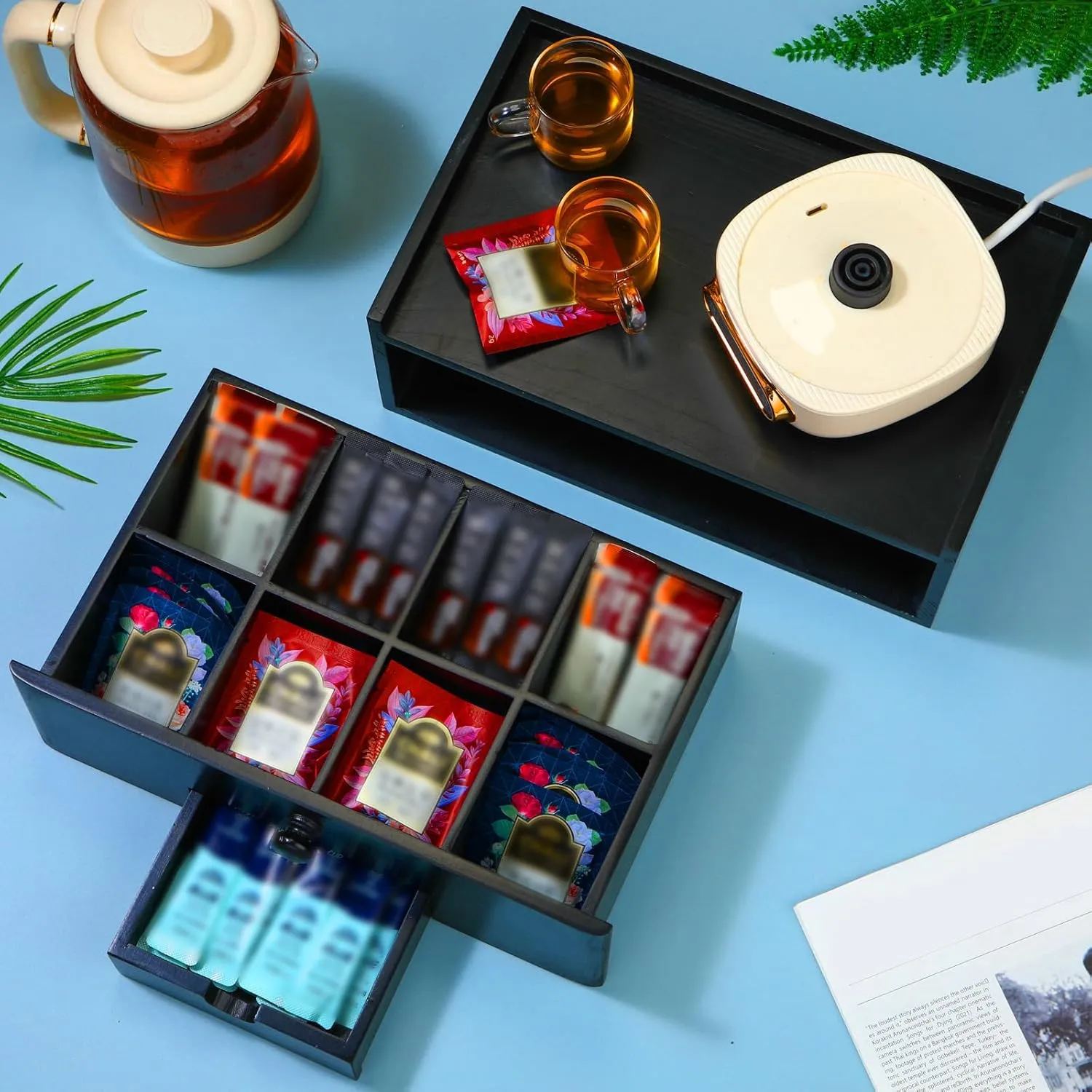Tea Bag Organizer Wood Tea Organizer Storage Box 8 Compartments Container Holder with Lid to Storage and Keep Fresh(Black)