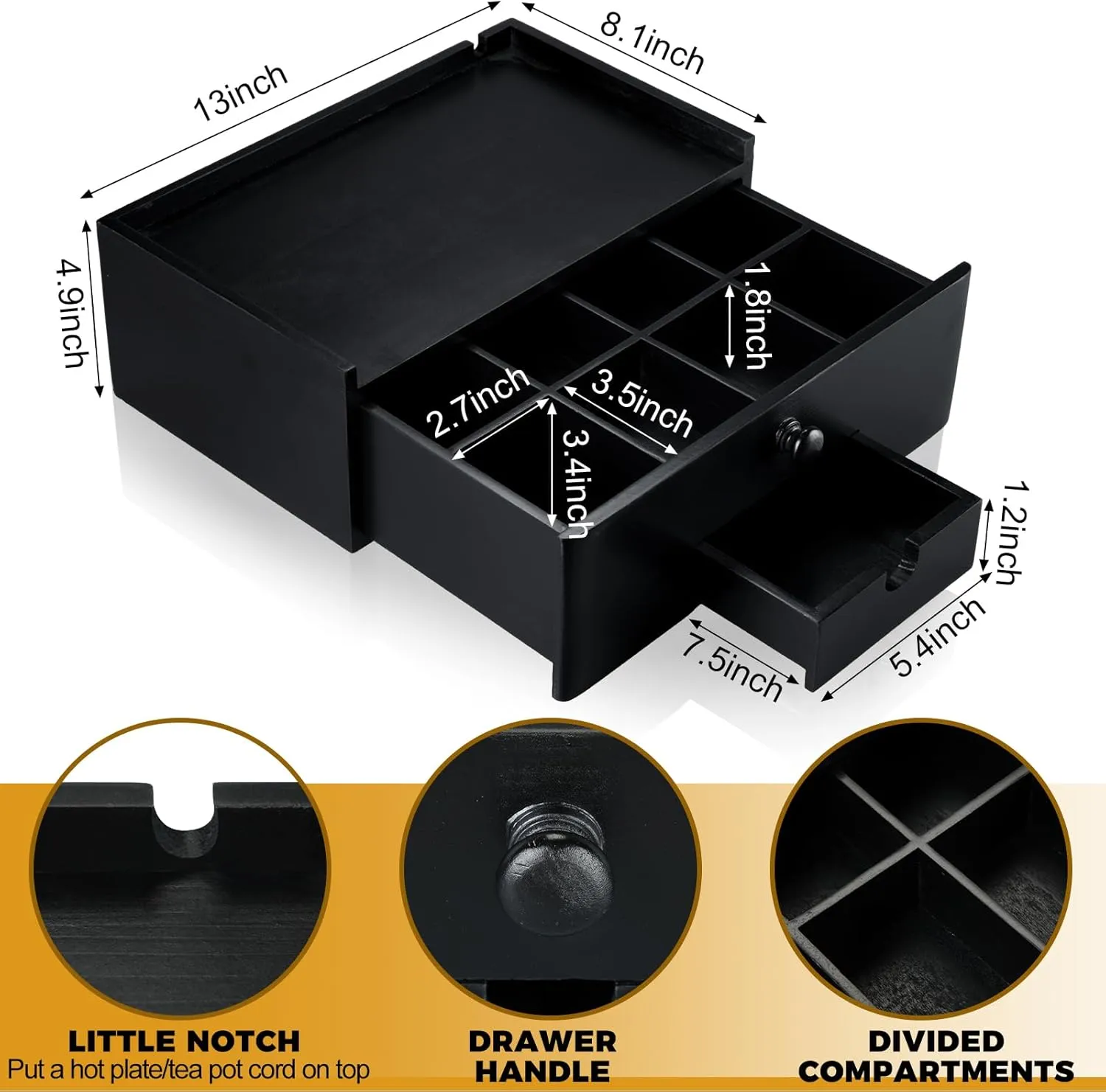 Tea Bag Organizer Wood Tea Organizer Storage Box 8 Compartments Container Holder with Lid to Storage and Keep Fresh(Black)