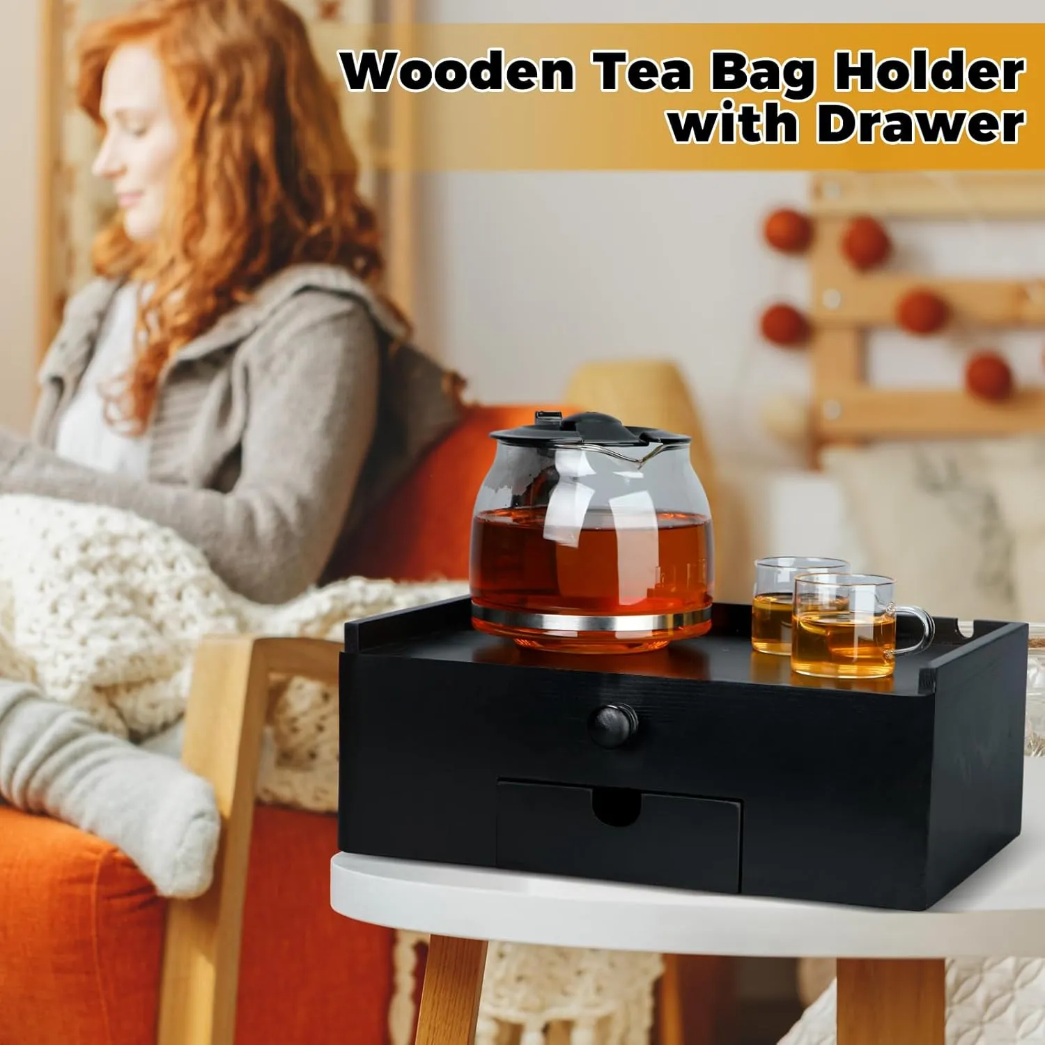 Tea Bag Organizer Wood Tea Organizer Storage Box 8 Compartments Container Holder with Lid to Storage and Keep Fresh(Black)