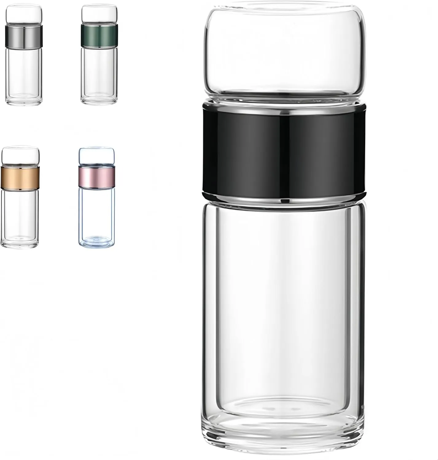Tea Infuser Bottle Tea and water separation， Double-layer glass leak-proof water bottle with stainless steel filter，Travel office home with gift (Black, 350ml)