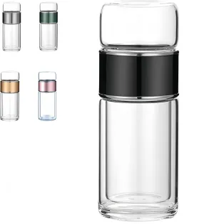 Tea Infuser Bottle Tea and water separation， Double-layer glass leak-proof water bottle with stainless steel filter，Travel office home with gift (Black, 350ml)