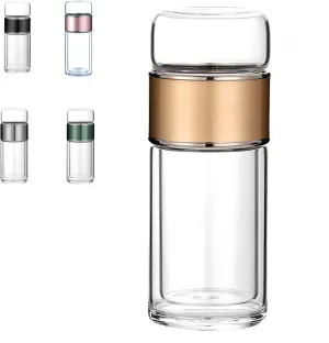 Tea Infuser Bottle Tea and water separation， Double-layer glass leak-proof water bottle with stainless steel filter，Travel office home with gift (Gold, 420ml)