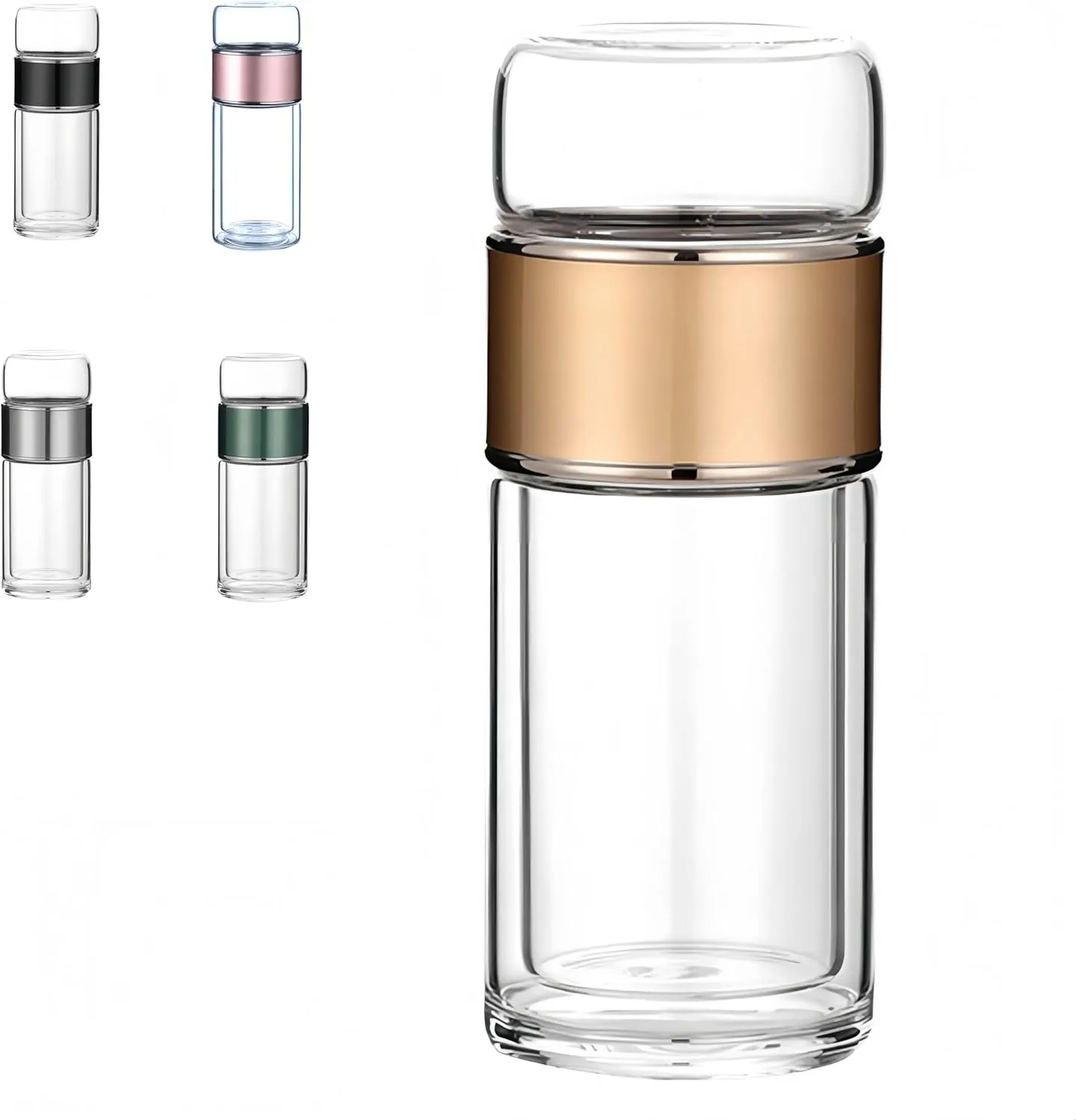 Tea Infuser Bottle Tea and water separation， Double-layer glass leak-proof water bottle with stainless steel filter，Travel office home with gift (Gold, 420ml)