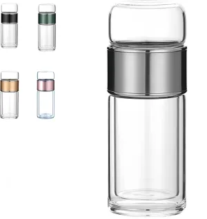 Tea Infuser Bottle Tea and water separation， Double-layer glass leak-proof water bottle with stainless steel filter，Travel office home with gift (Silver, 350ml)