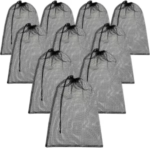 TecUnite 10 Pcs Mesh Bags Drawstring Laundry Bags Large Nylon Mesh Gift Dishwasher Bag with Sliding Drawstring for Kitchen Jewelry Gifts Wedding Favor Home(12 x 16 Inch,Black)