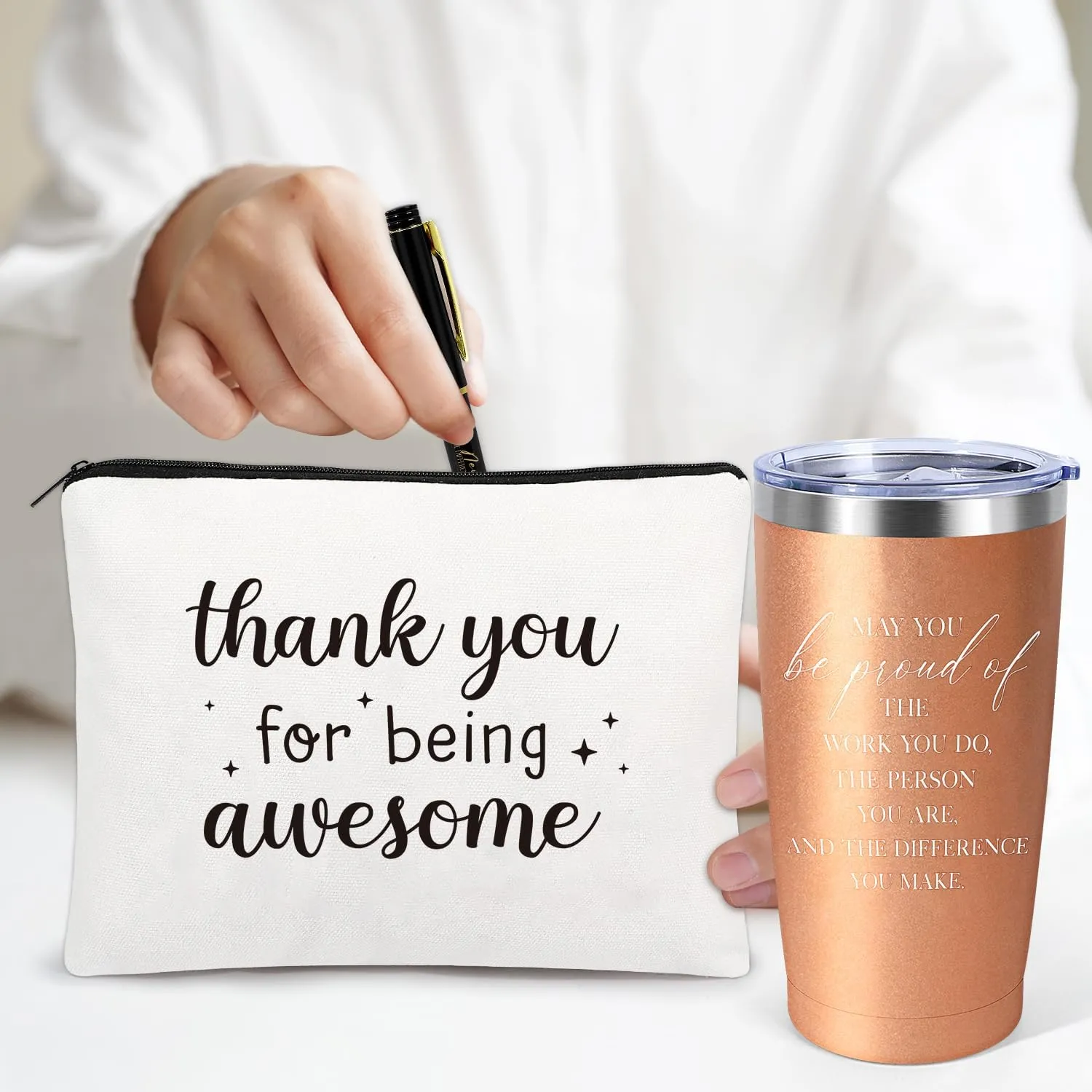 Thank You Gifts For Women, Administrative Professional Day Gifts for Coworkers Employee Boss Lady Manager Nurse Teacher Appreciation Gift, 6 Set Inspirational Team Staff Gift Tumbler Makeup Bags Pen