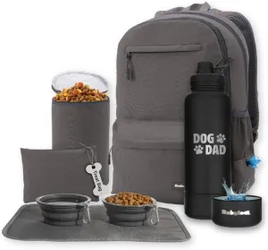 The Original Doggy Bag Backpack (Dark Grey) & 32oz Insulated Water Bottle with Attached 8oz Bowl (Dog Dad) - Dog Travel Backpack & Hydration Set