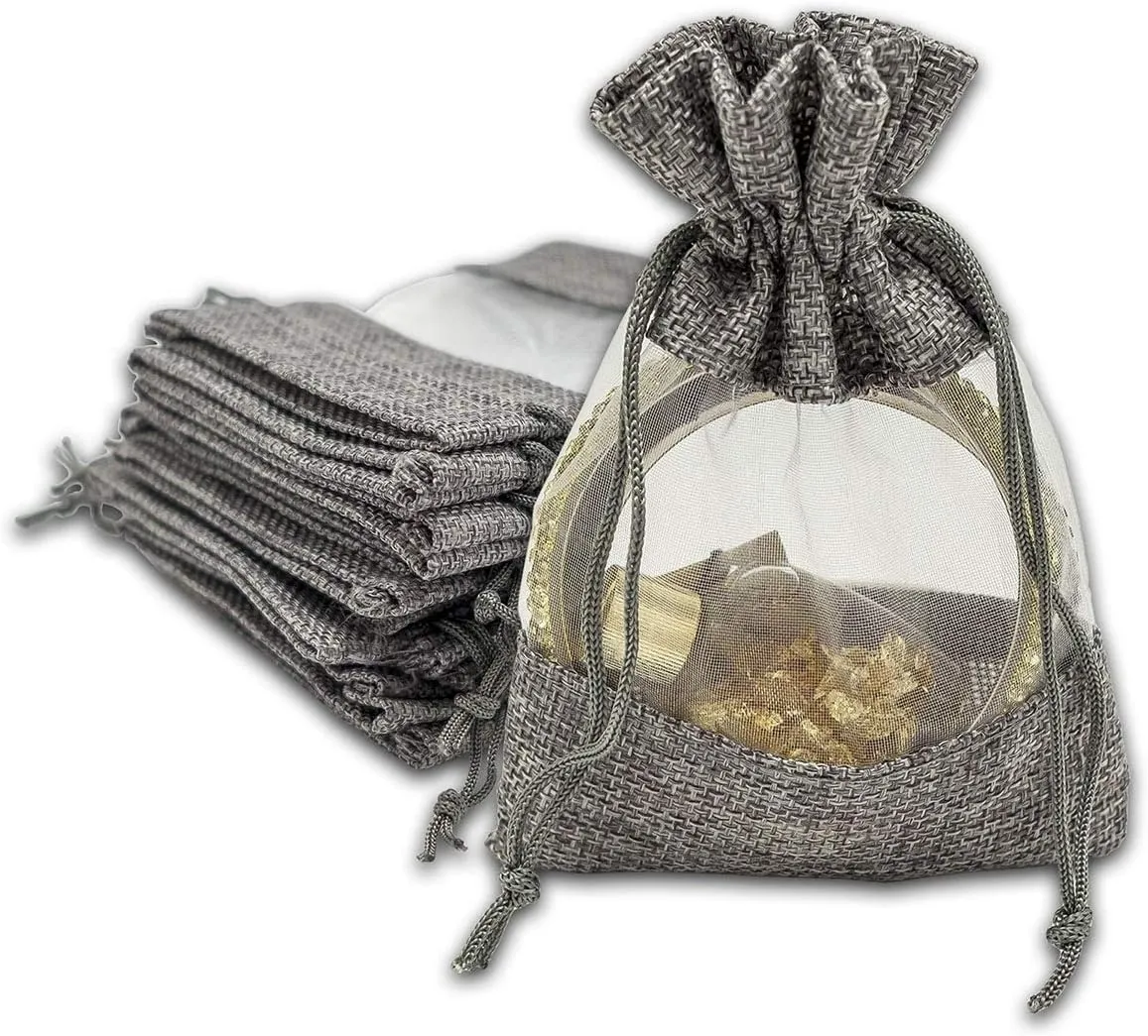 TheDisplayGuys - 48-Pack 3.5x5.5 Linen Burlap & Sheer Organza Gift Bag with Drawstring for Party Favors, Presents, Samples & Treats Mesh Pouch (Gray, Small)