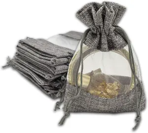 TheDisplayGuys - 48-Pack 3.5x5.5 Linen Burlap & Sheer Organza Gift Bag with Drawstring for Party Favors, Presents, Samples & Treats Mesh Pouch (Gray, Small)