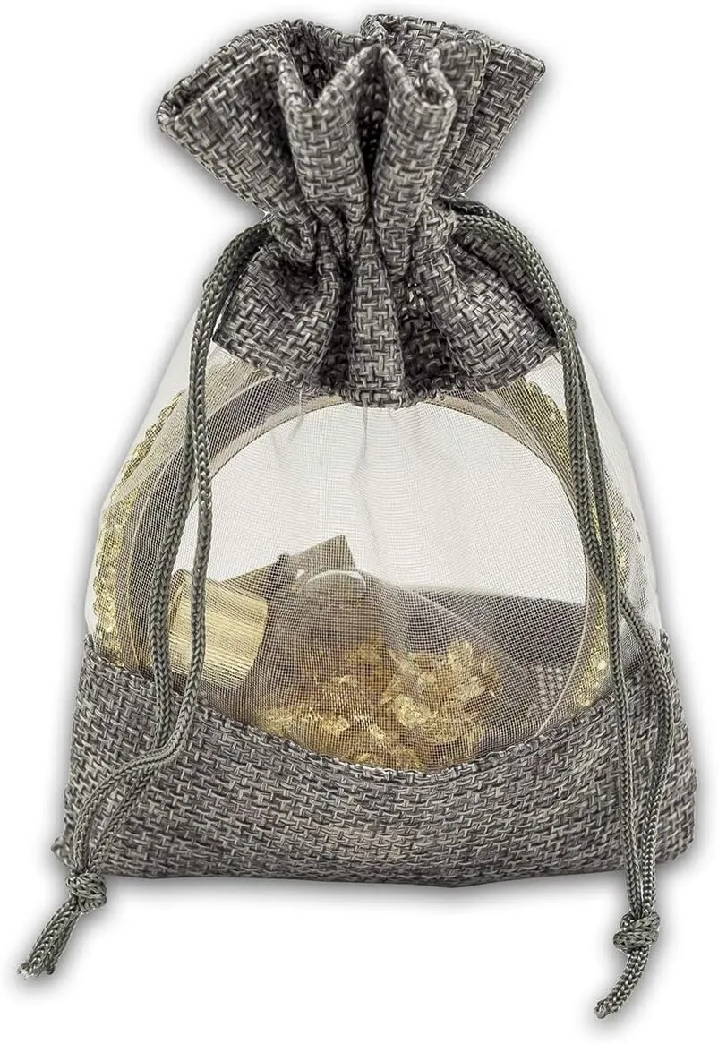 TheDisplayGuys - 48-Pack 3.5x5.5 Linen Burlap & Sheer Organza Gift Bag with Drawstring for Party Favors, Presents, Samples & Treats Mesh Pouch (Gray, Small)