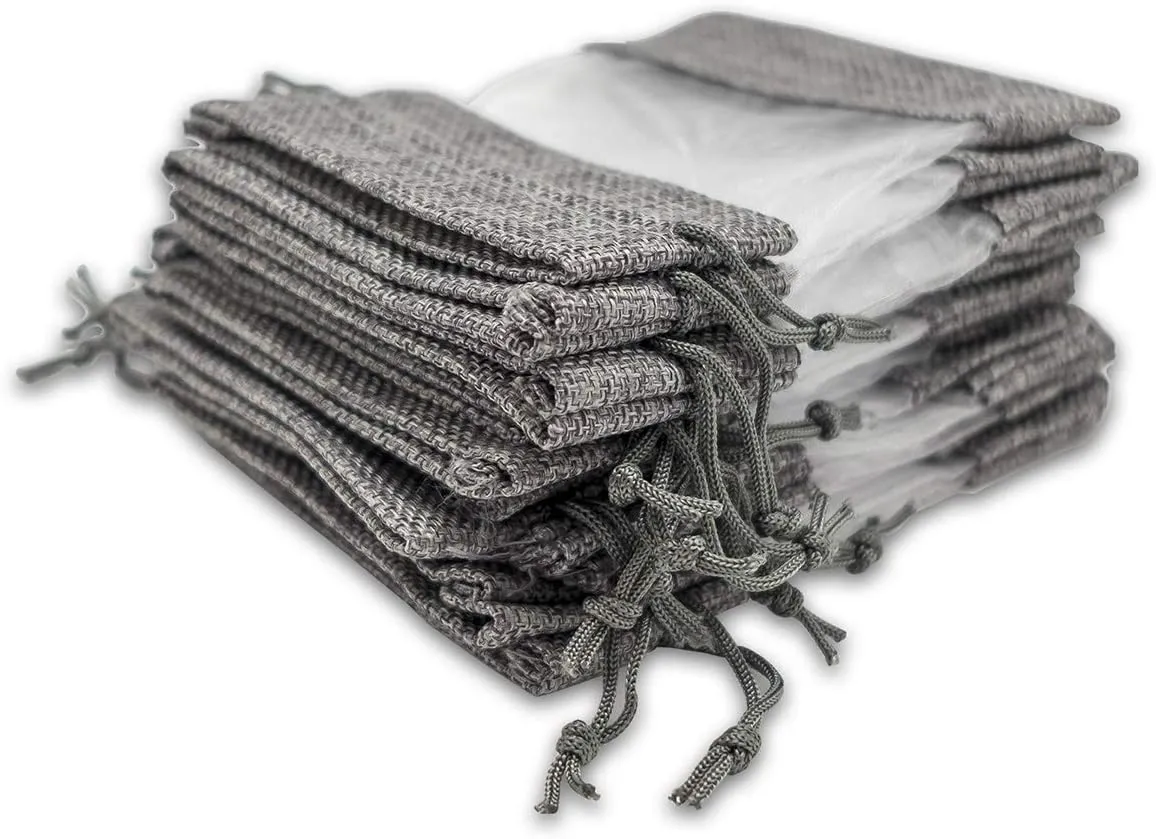 TheDisplayGuys - 48-Pack 6.5x8.5 Linen Burlap & Sheer Organza Gift Bag with Drawstring for Party Favors, Presents, Samples & Treats Mesh Pouch (Gray, Large)