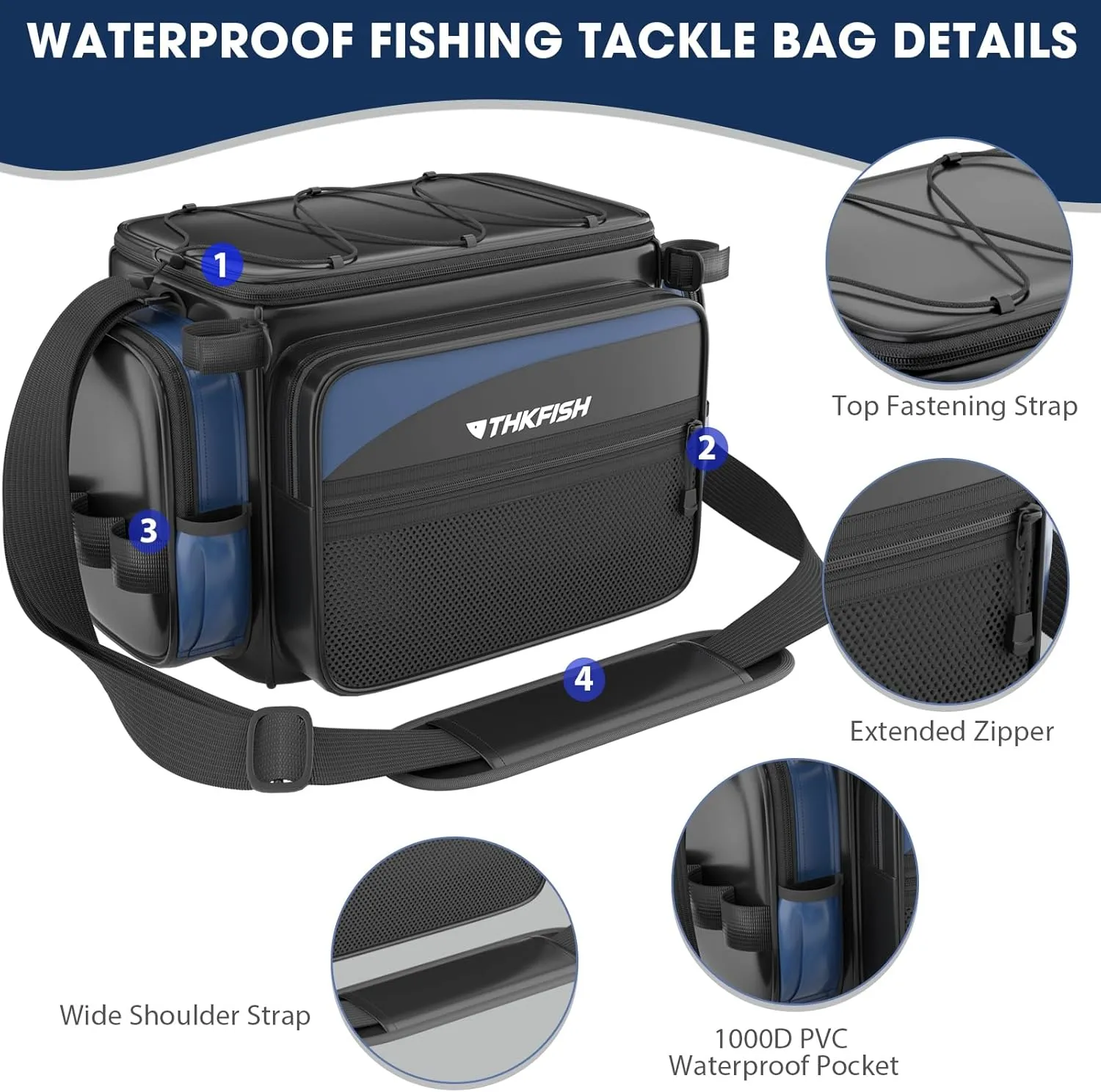 THKFISH Waterproof Fishing Tackle Bags, Saltwater Resistant Large Fishing Tackle Bag, 1000D PVC Waterproof Fishing Gear Storage Store 3600 3700 Trays