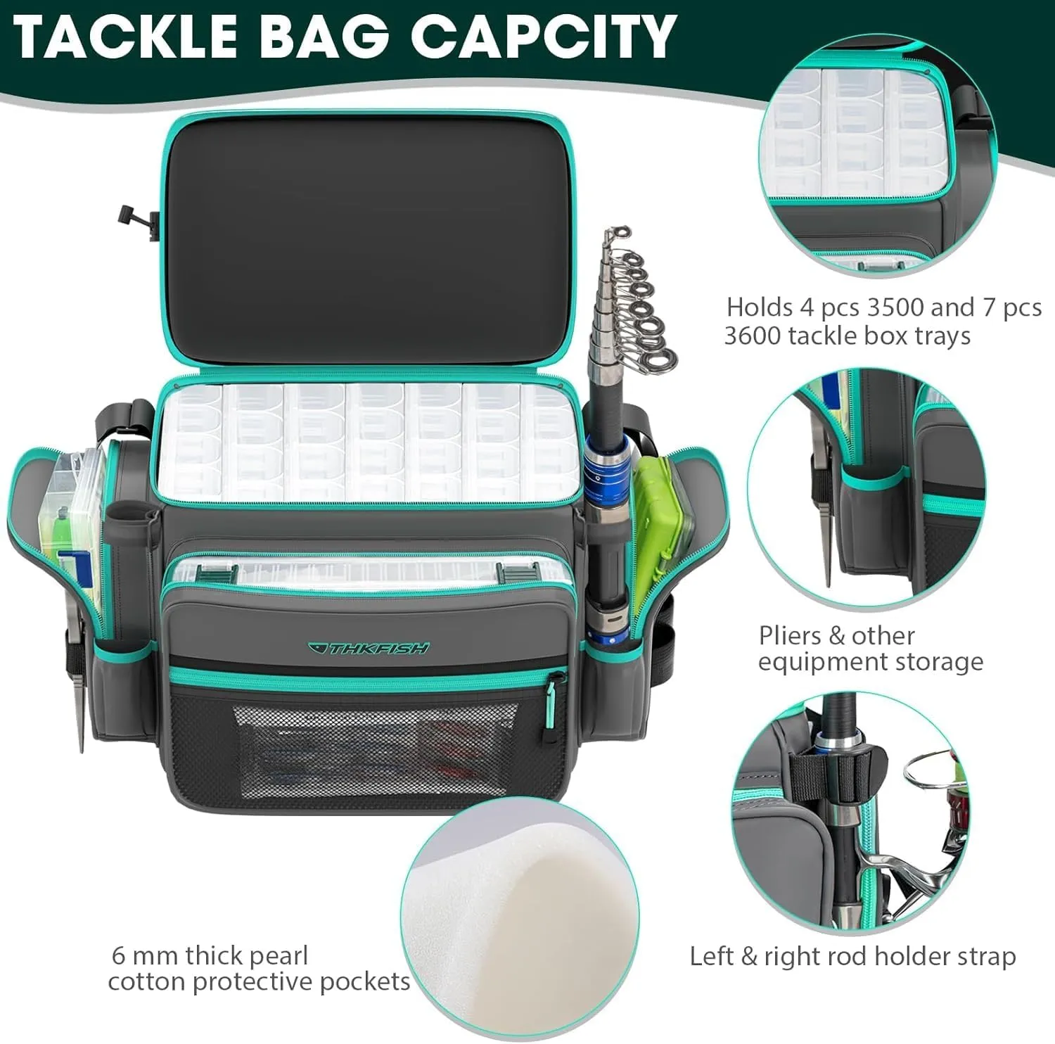 THKFISH Waterproof Fishing Tackle Bags, Saltwater Resistant Large Fishing Tackle Bag, 1000D PVC Waterproof Fishing Gear Storage Store 3600 3700 Trays