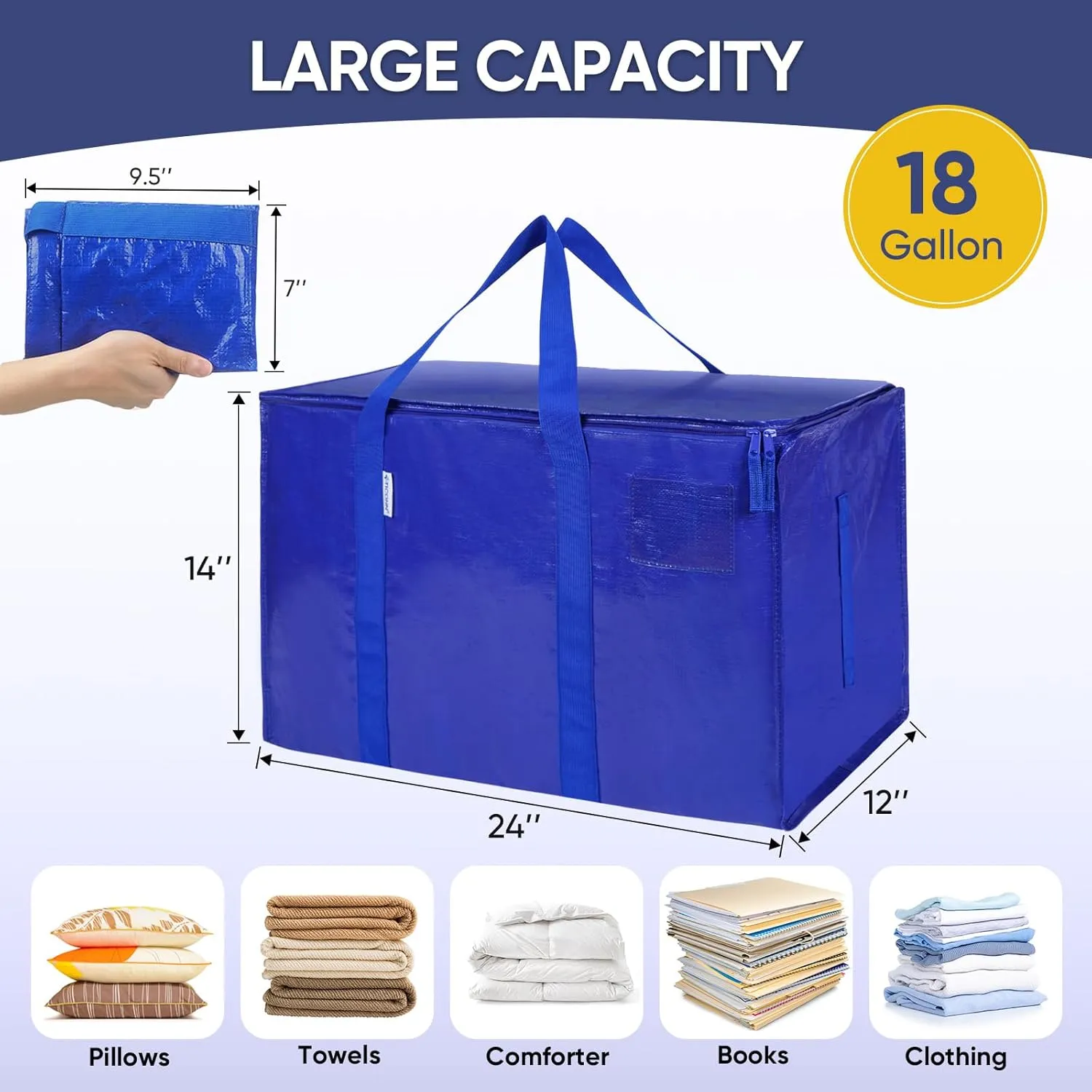 TICONN 2 Pack Extra Large Moving Bags with Zippers & Carrying Handles, Heavy-Duty Storage Tote Moving Boxes for Space Saving (2 PK, 18 Gallon)