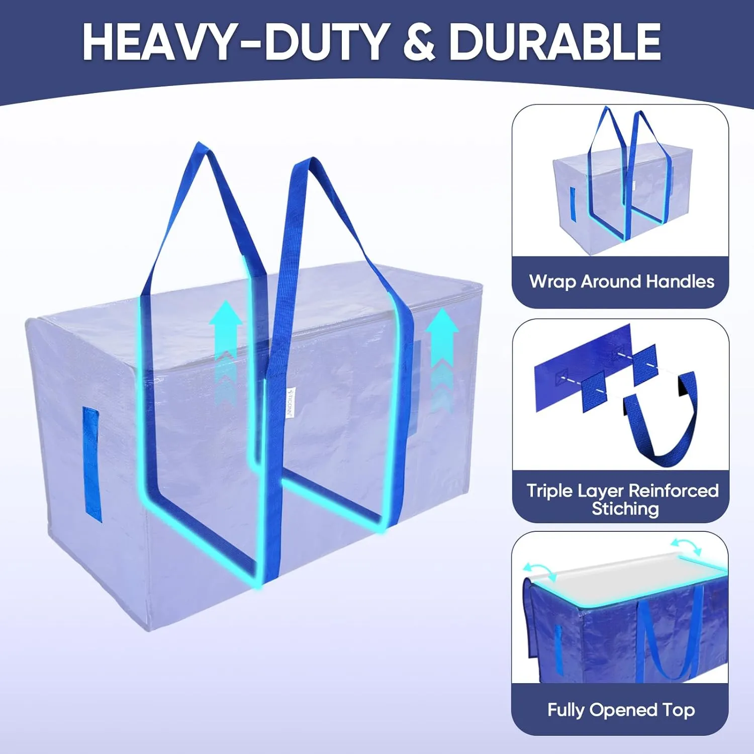 TICONN 2 Pack Extra Large Moving Bags with Zippers & Carrying Handles, Heavy-Duty Storage Tote Moving Boxes for Space Saving (2 PK, 18 Gallon)
