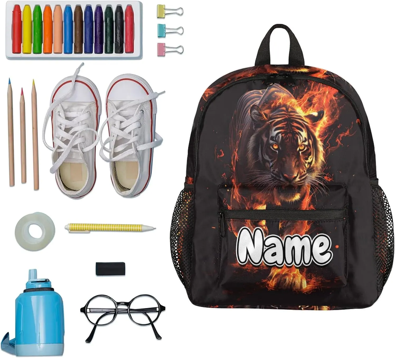 Tiger Fires Personalized Backpack Bag with Name Lightweight Custom Shoulder Bags Waterproof Casual Backpacks Travel Laptop Bag for Work Picnic 12in