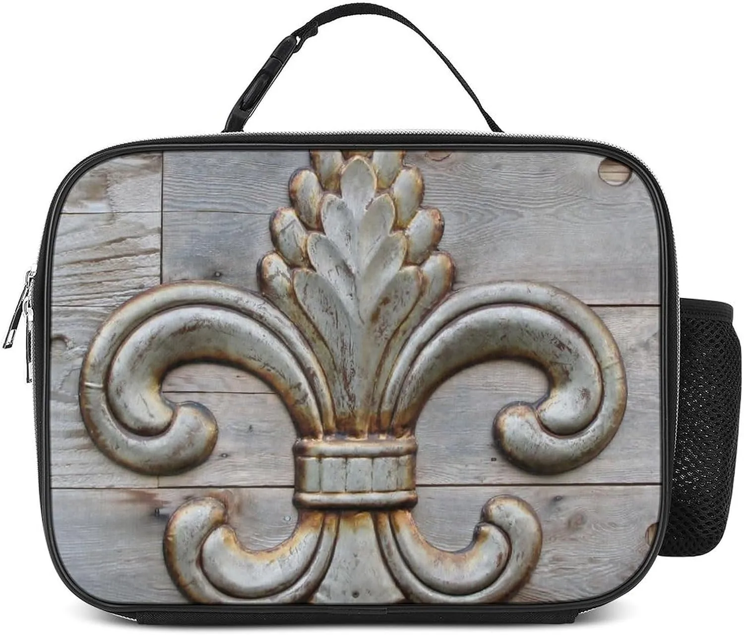 Tin Fleur-de-lis Detail Insulated Lunch Bag Cooler Bag Portable Waterproof Lunch Box Adjustable Handbag Meal Tote with Handle