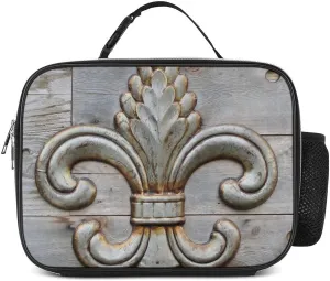 Tin Fleur-de-lis Detail Insulated Lunch Bag Cooler Bag Portable Waterproof Lunch Box Adjustable Handbag Meal Tote with Handle