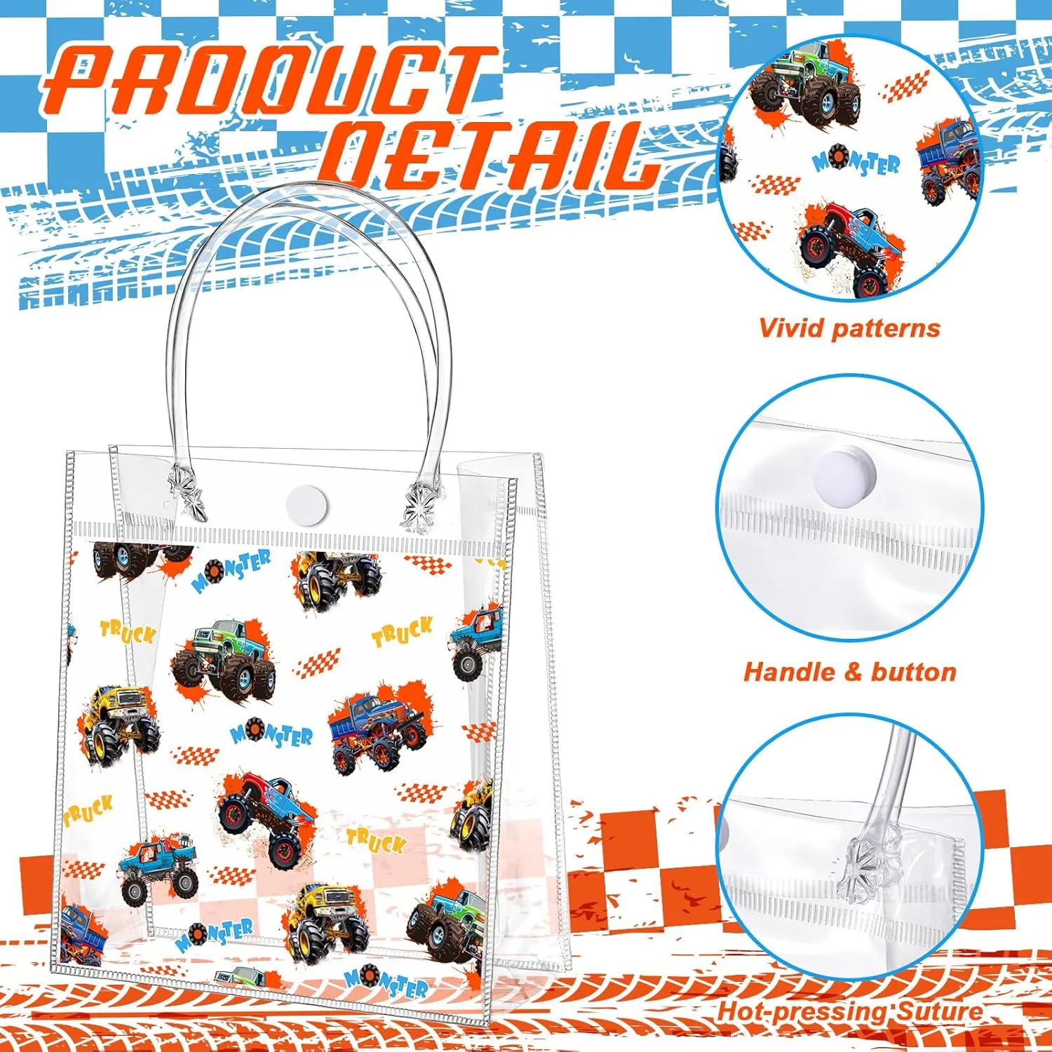 Tioncy 24 Pcs Truck Party Favor Bags Truck Goodie Bags Monster Car PVC Candy Treat Tote Clear Gift Bag with Handles for Adults Pinata Game Construction Racing Theme Birthday Party Supplies