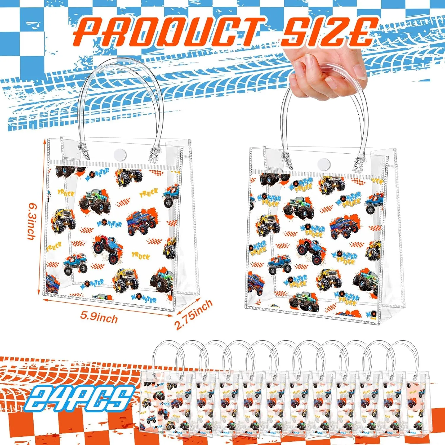 Tioncy 24 Pcs Truck Party Favor Bags Truck Goodie Bags Monster Car PVC Candy Treat Tote Clear Gift Bag with Handles for Adults Pinata Game Construction Racing Theme Birthday Party Supplies