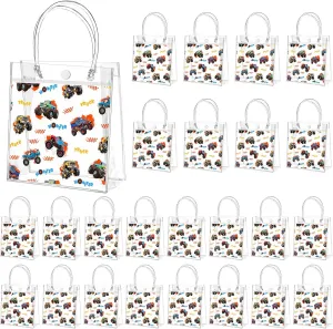Tioncy 24 Pcs Truck Party Favor Bags Truck Goodie Bags Monster Car PVC Candy Treat Tote Clear Gift Bag with Handles for Adults Pinata Game Construction Racing Theme Birthday Party Supplies