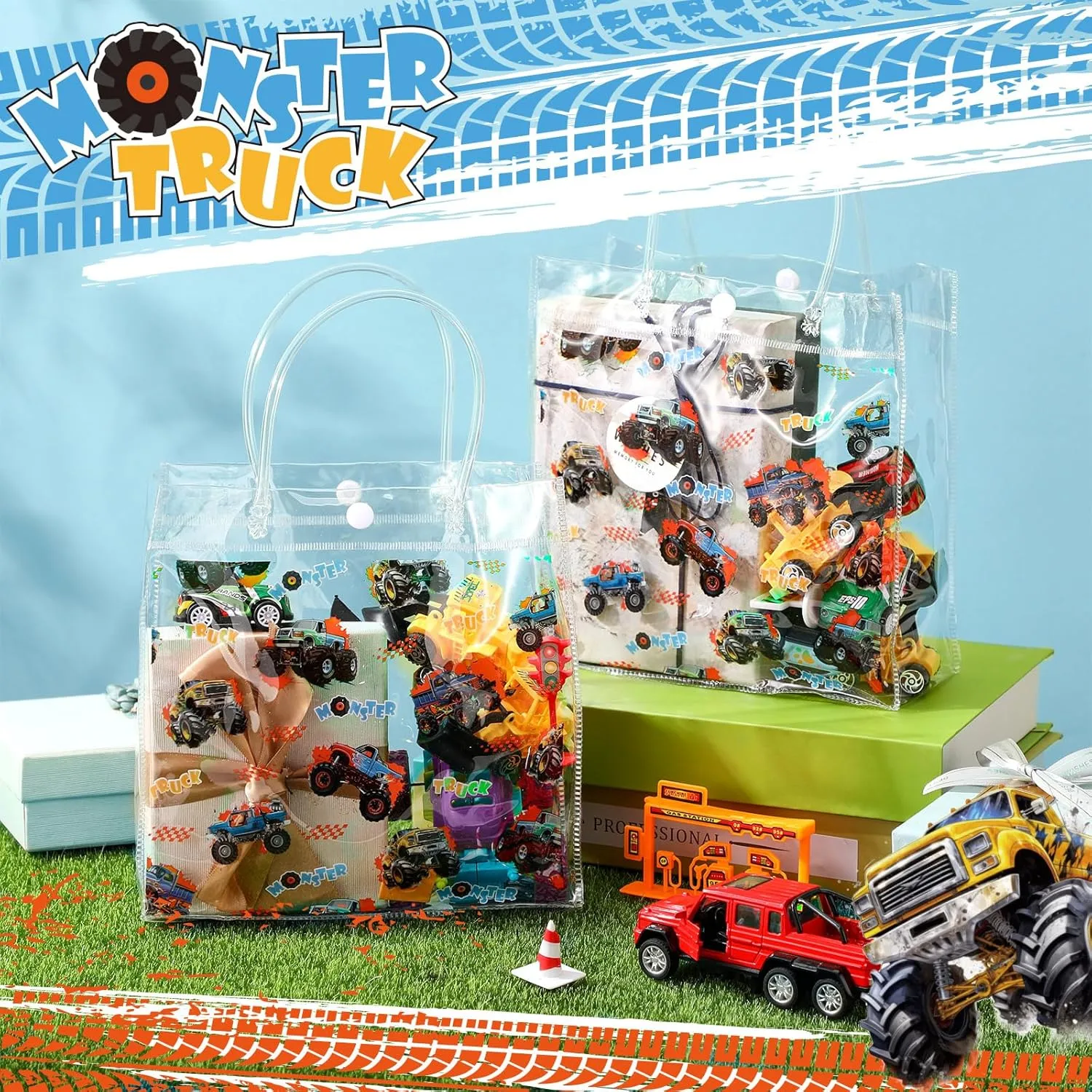 Tioncy 24 Pcs Truck Party Favor Bags Truck Goodie Bags Monster Car PVC Candy Treat Tote Clear Gift Bag with Handles for Adults Pinata Game Construction Racing Theme Birthday Party Supplies