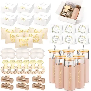 Tioncy 42 Pcs Bridesmaid Proposal Gifts Include Bridal Shower Wedding Gift Box Makeup Bags Invited Cards Tumblers with Lids and Straw Scrunchies Eye Mask Hair Clips for Maid of Honor