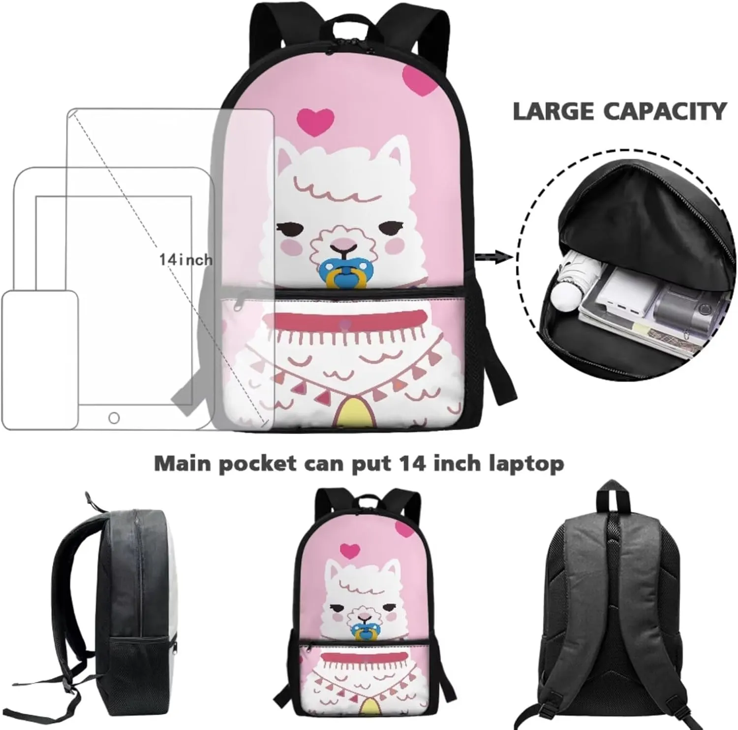 TOADDITDO Alpaca Backpacks Cute for 8 Year Old Girls Preppy School Bag Set with Lunchbox and Pencil Case Elementary School Large Bookbags Large Capacity Travel Duffel Bag Laptop Backpacks Daycare Bag