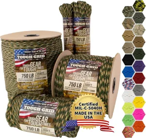 TOUGH-GRID Premium Paracord 750 lbs Made in USA Outdoor Survival Nylon Rope Tactical Heavy Duty Strands Parachute Cord Used by US Military Type IV Mil-Spec